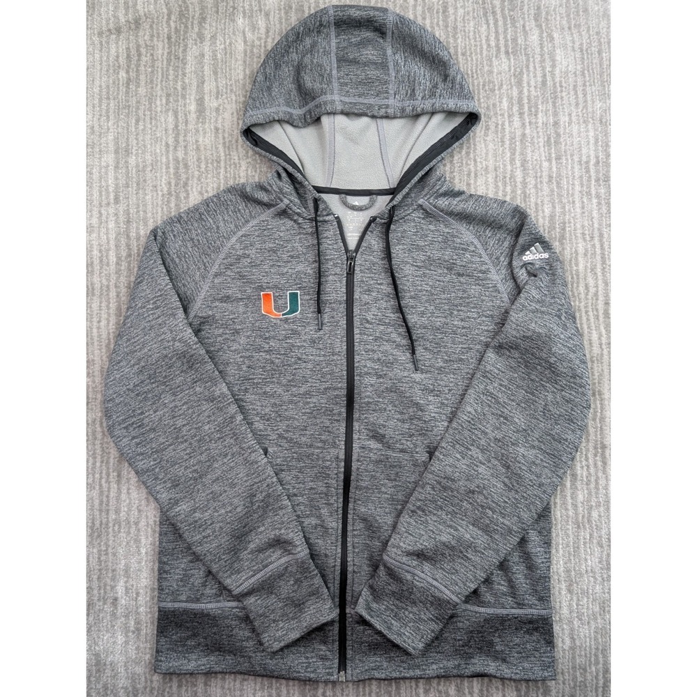Adidas Miami Hurricanes Hoodie Mens Large Full Zip Heathered Gray ClimaWarm